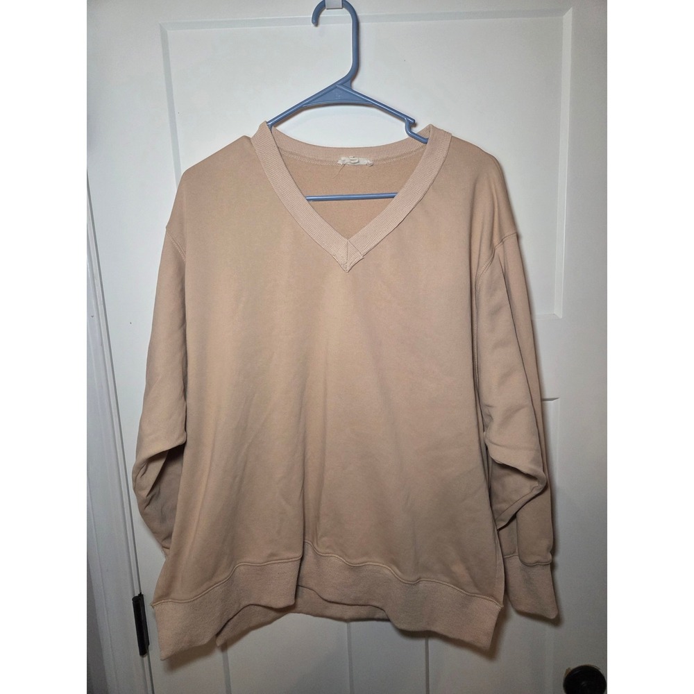 Easel Tan Beige V-Neck Oversized French Terry Sweatshirt Pullover Small